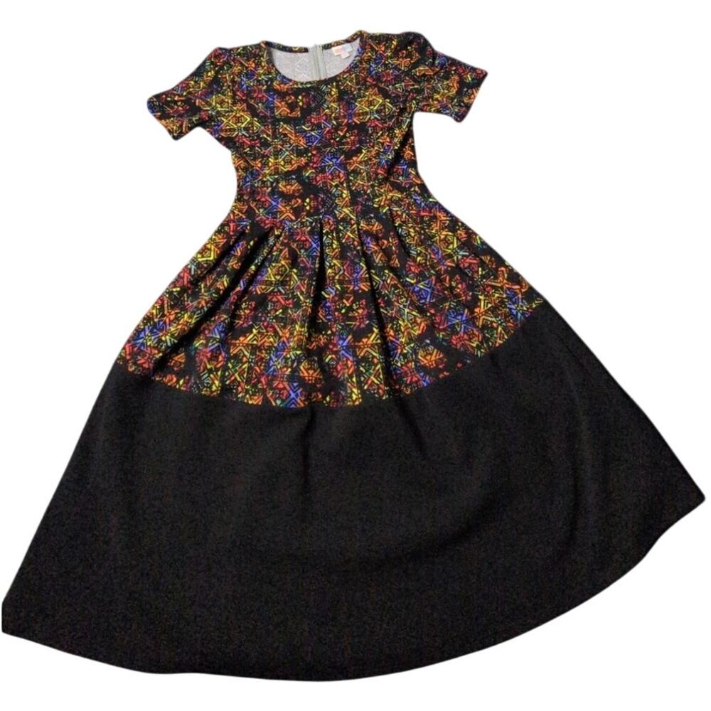 LuLaRoe Flare Dress Sz XS Black Short Sleeve Bright Geometric Abstract Panel